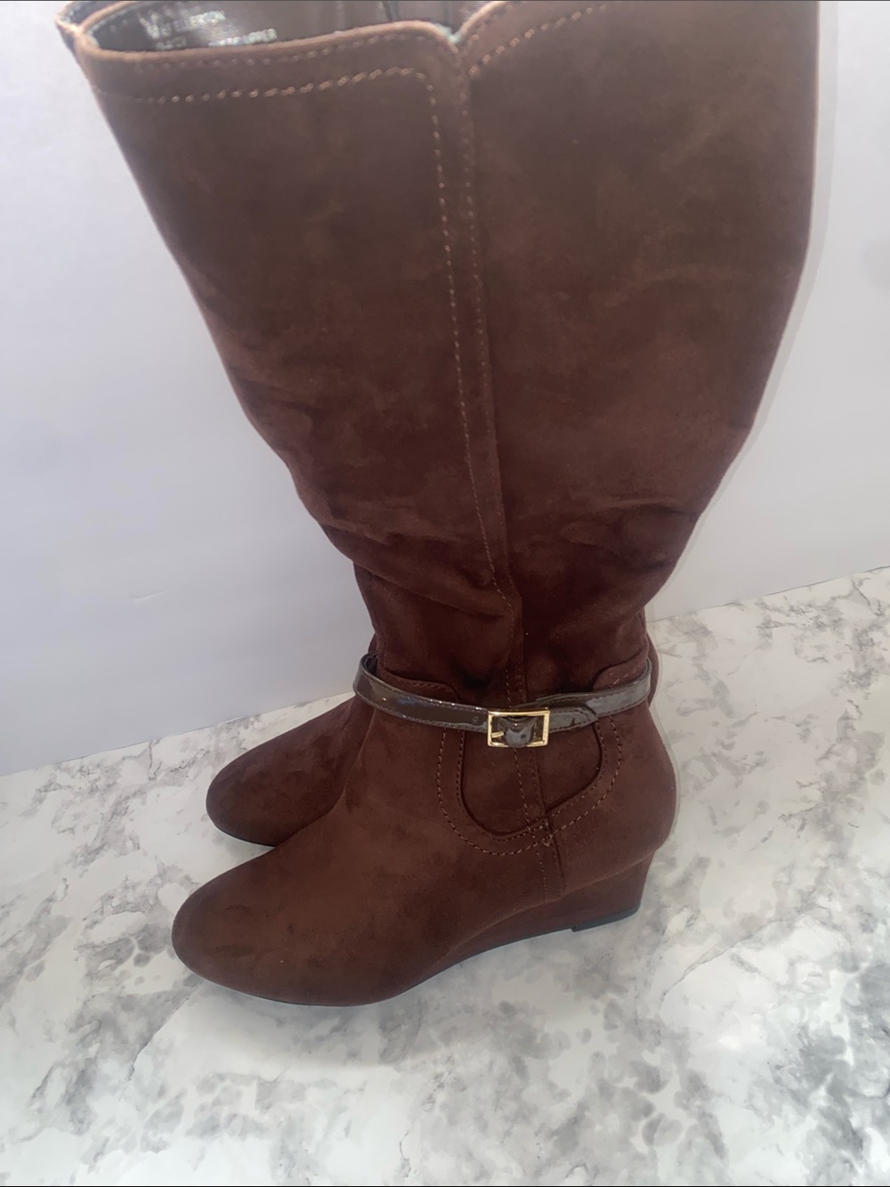 East 5th Brown Suede Knee-High Wedge Boots